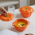 thumbnail image 5 of BINGLI Orange Pumpkin-Shaped Ceramic Bowl with Lid, Fall Thanksgiving Table Decor Handmade Serving Dish for Soup Cereal Snacks Kitchen and Dining Tableware ﻿, 5 of 9