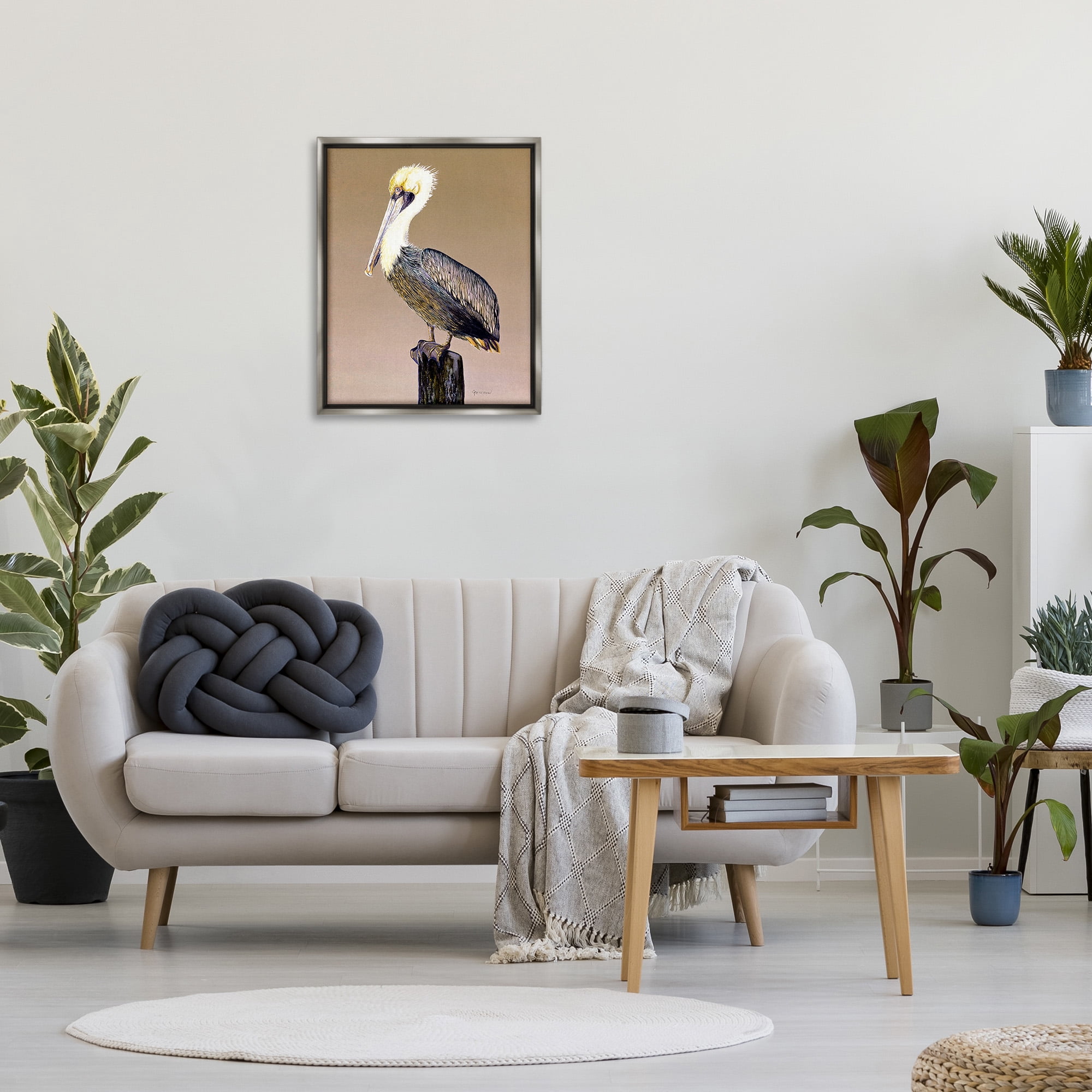 Stupell Industries Pelican on Perch Animals & Insects Painting Gray Floater Framed Canvas Art Print Wall Art, 25 x 31