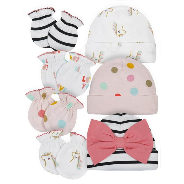 Gerber Baby Girl Caps & Mittens Set, 7Piece, Newborn0/3 Months
