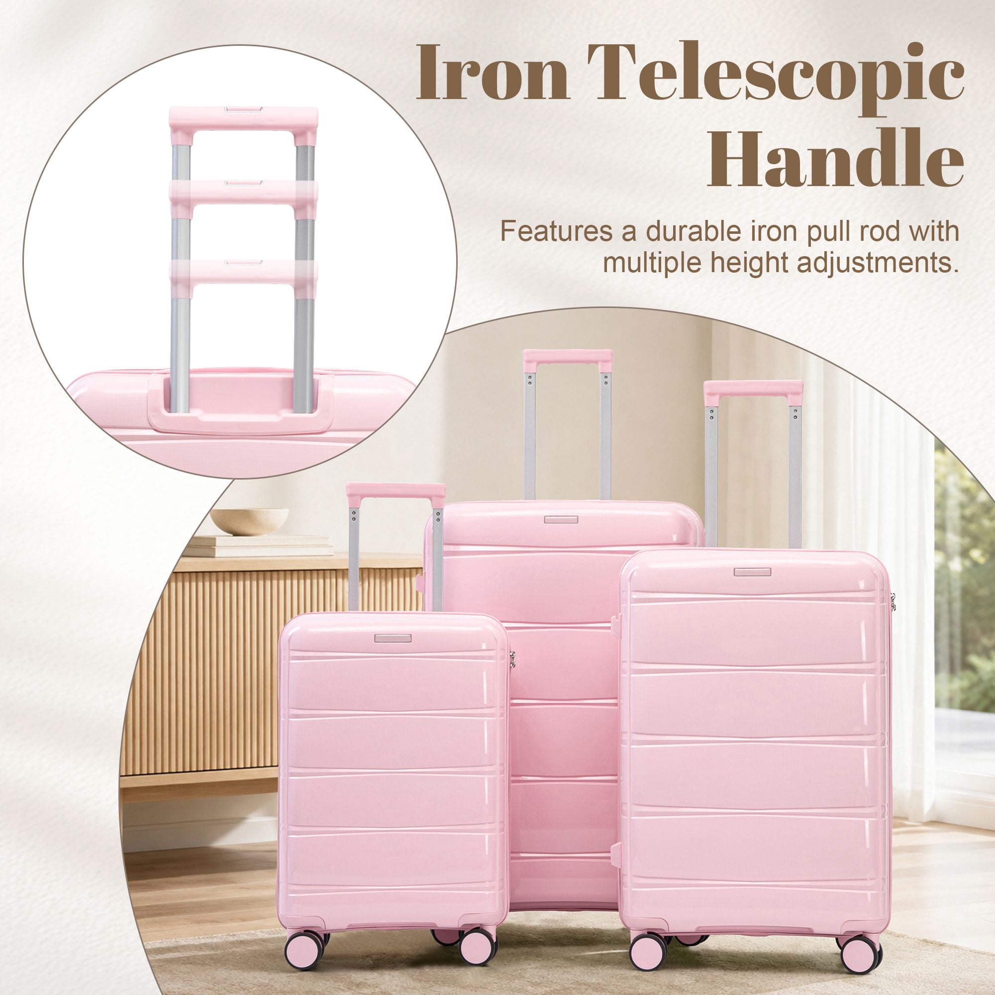 Alvantor 3 Piece Hardshell Luggage Set PP Hardside Suitcase with Iron Telescopic Handle Side Hook 20"24"28"(Pink)