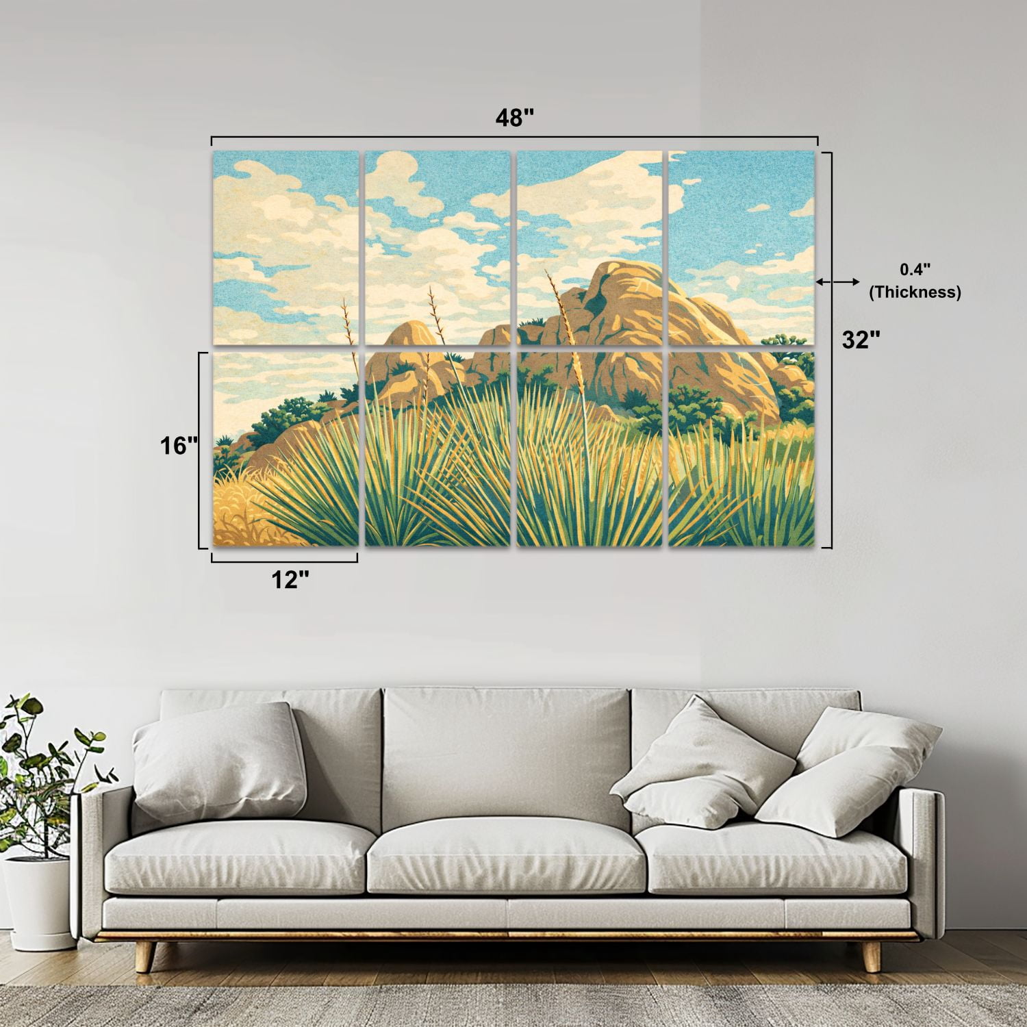 8 Pack Art Acoustic Panels Sound Absorbing white landscape desert yucca boulders Decorative Soundproof Wall Panels Self Adhesive for Nursery Game Room Bedroom 48"x32"