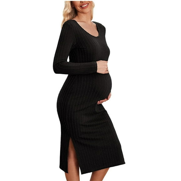 FAIWAD Maternity Dress Rib Knit Long Sleeve V Neck Side Slit Midi Bodycon Dresses Pregnancy Baby Shower Clothe