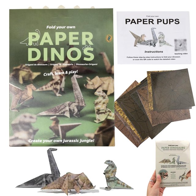 WJCA Foldable Cat Origami Paper Set, 50-Sheet Craft Kit for Adults and Kids, Fun DIY Activity & Desk Decor, Dinosaur Print Design