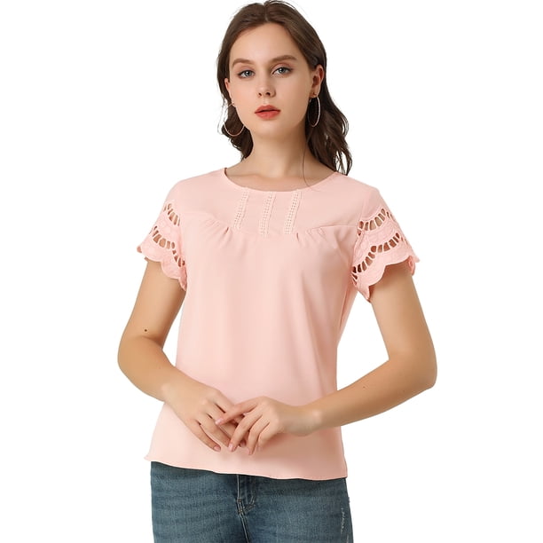 INSPIRE CHIC Blusa De Encaje De Crochet Manga Corta Sólida Para Mujer Rosa M