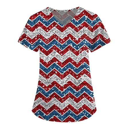 

Sksloeg Scrubs Tops for Women American Star Stripes Pattern Patriotic Top Workwear with Pockets Short Sleeve V-Neck Nursing Working Uniform Gray XXXXL