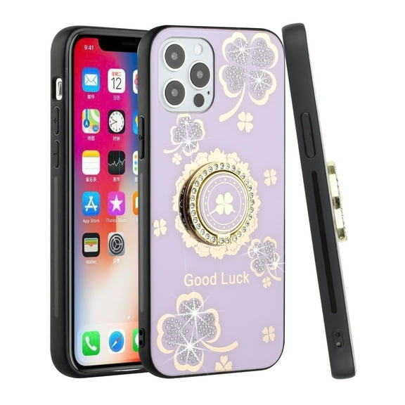 For Apple iPhone 8 Plus/7 Plus/6 6S Plus Fashion 3D Diamond Bling Sparkly Ornaments Engraving Hybrid Ring Stand Cover ,Xpm Phone Case [Purple Good Luck Floral]