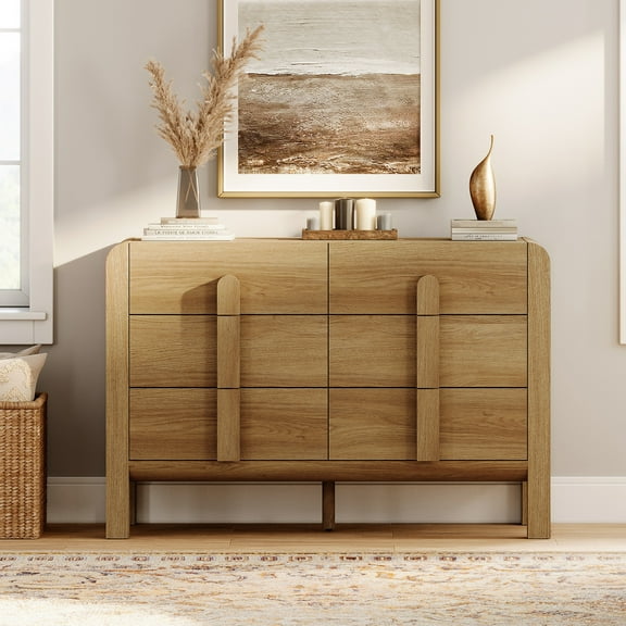 Mid Century 6 Drawer Dresser for Bedroom, Wide Modern Chest of Drawers with Curved Profile Design, Wood Closet Clothes Storage Organizer for Bedroom, Living Room