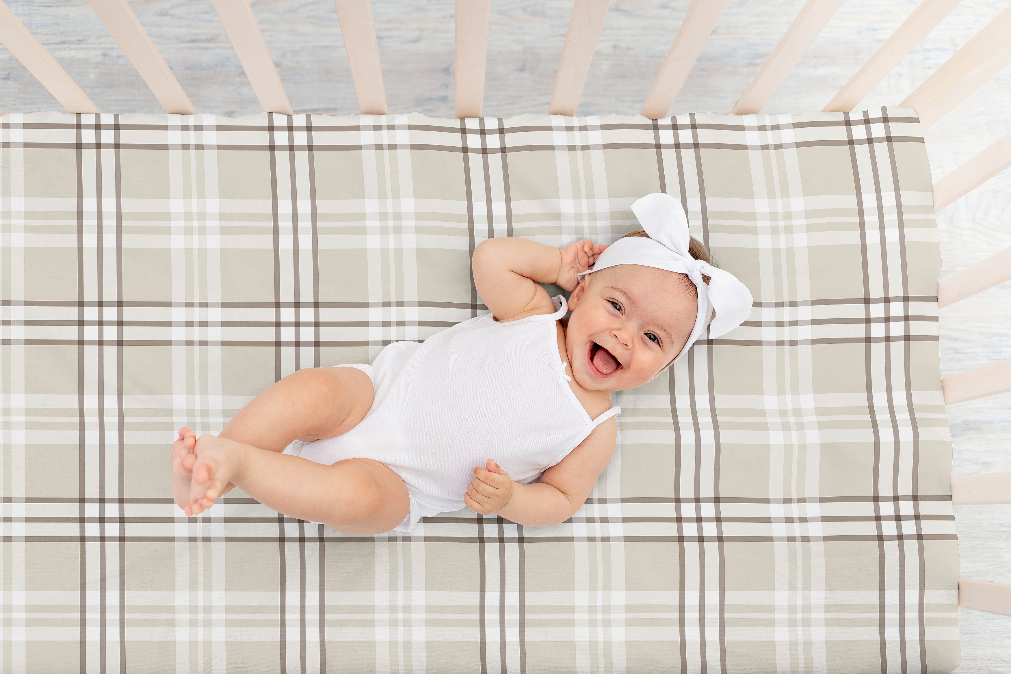 Sweet Jojo Designs Gingham Taupe Plaid Boy, Girl, Unisex/Gender Neutral Fitted Crib Sheet