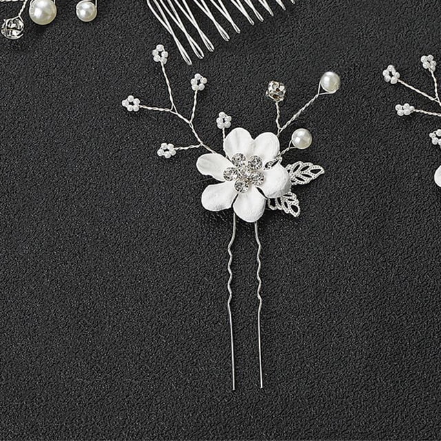 Nvzi Horquillas para el pelo de boda con flores para novias, peinetas con perlas de cristal, pinzas para el pelo, accesorios para el pelo de boda dorados, joyas - Plata blanca