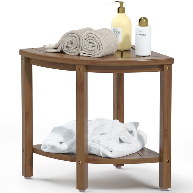 Banco de ducha Bamfan, taburete impermeable de bambú con estante