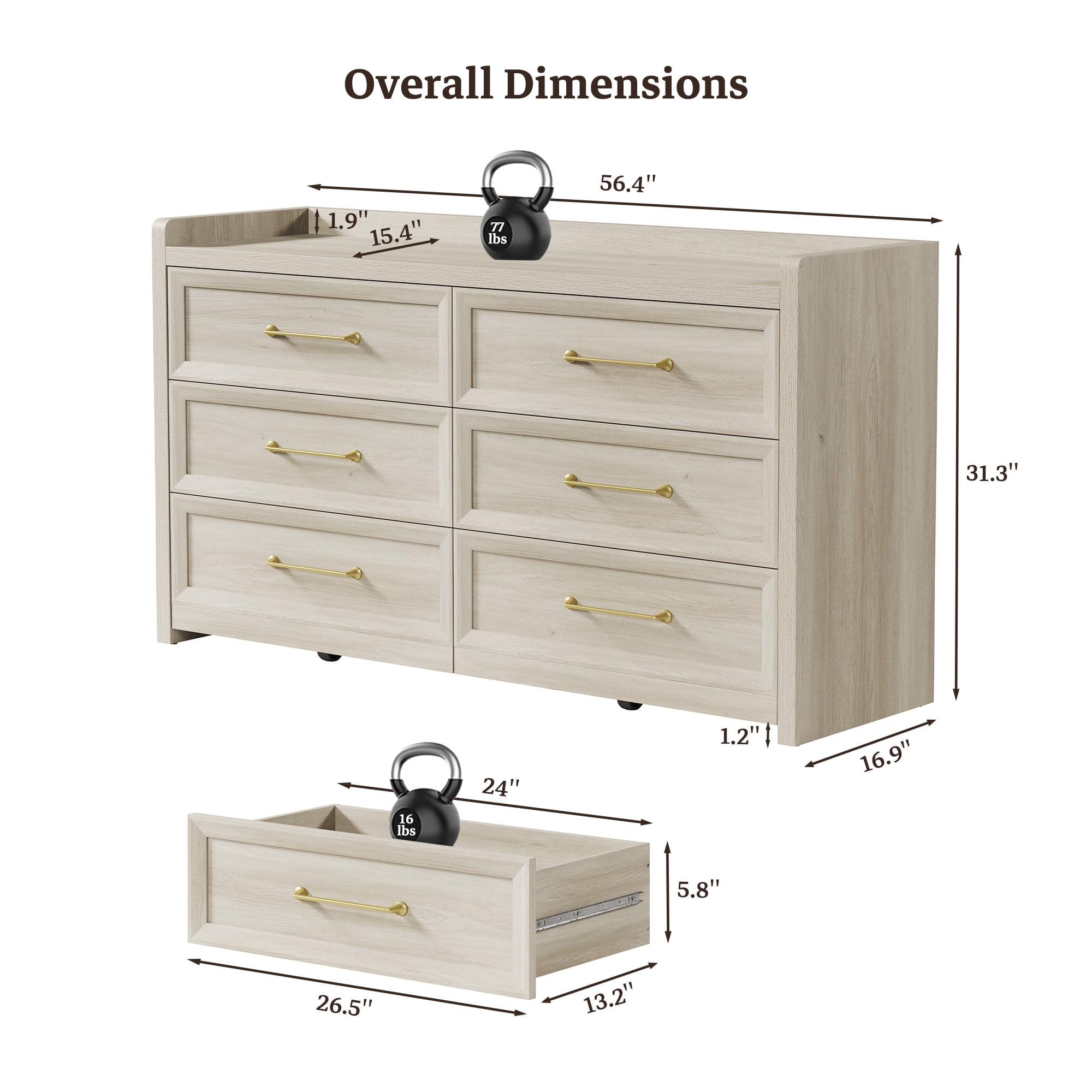 SICOTAS 56.4"W Farmhouse 6 Drawer Double Dresser, Long Chest of Drawers with Brass-tone Handles & Rolling Wheels, Wooden Dresser Storage Cabinet for Bedroom Living Room, White Oak