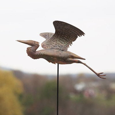 Ancient Graffiti Torched Copper Heron Garden Stake