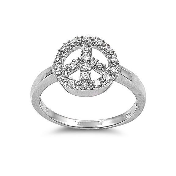 Peace Sign Cubic Zirconia Ring Sterling Silver 925 Size 4