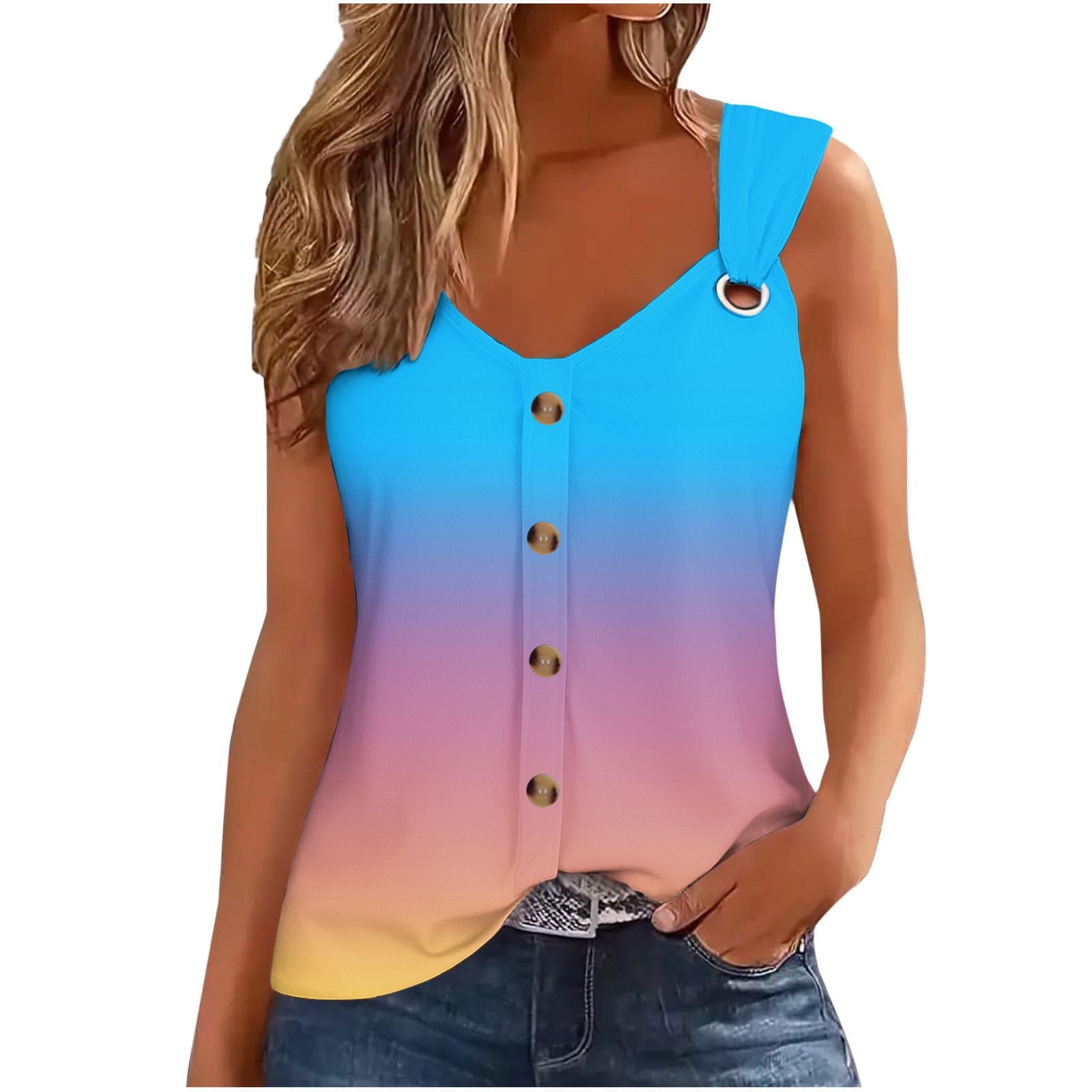 Women's V Neck Tank Tops Summer Casual - Loose Fit Button Down Sleeveless Shirts, Floral Print