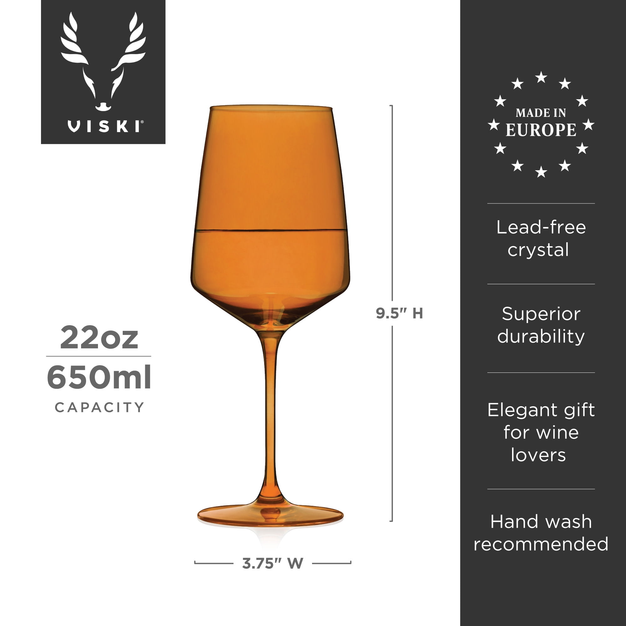 Viski Reserve Nouveau Amber Colored Drinking Glasses - Crystal Wine Glasses Colorful Glassware - 22oz Long Stem Wine Glasses Set of 2
