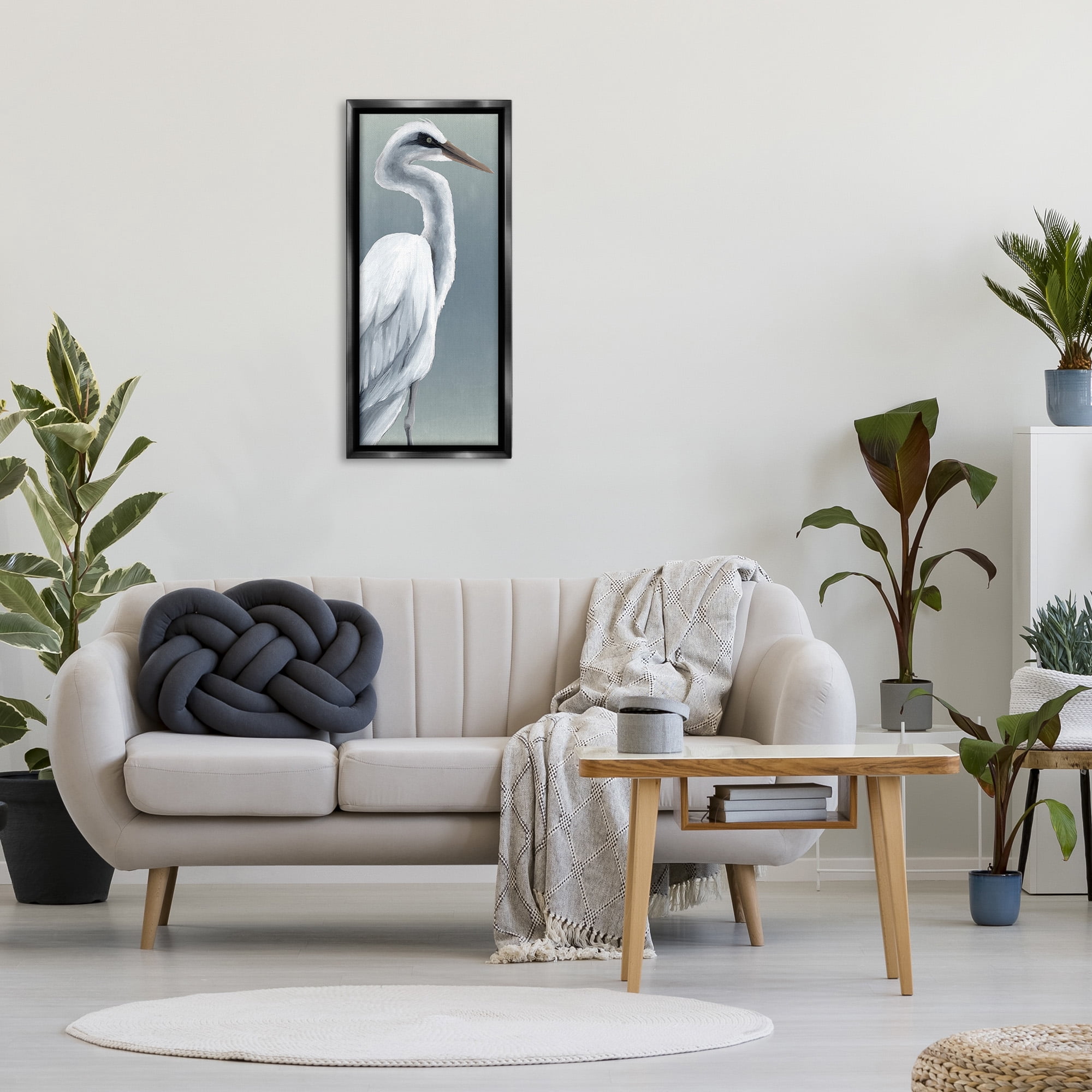 Stupell Industries White Heron Portrait Animals & Insects Painting Black Floater Framed Canvas Art Print Wall Art, 14 x 31