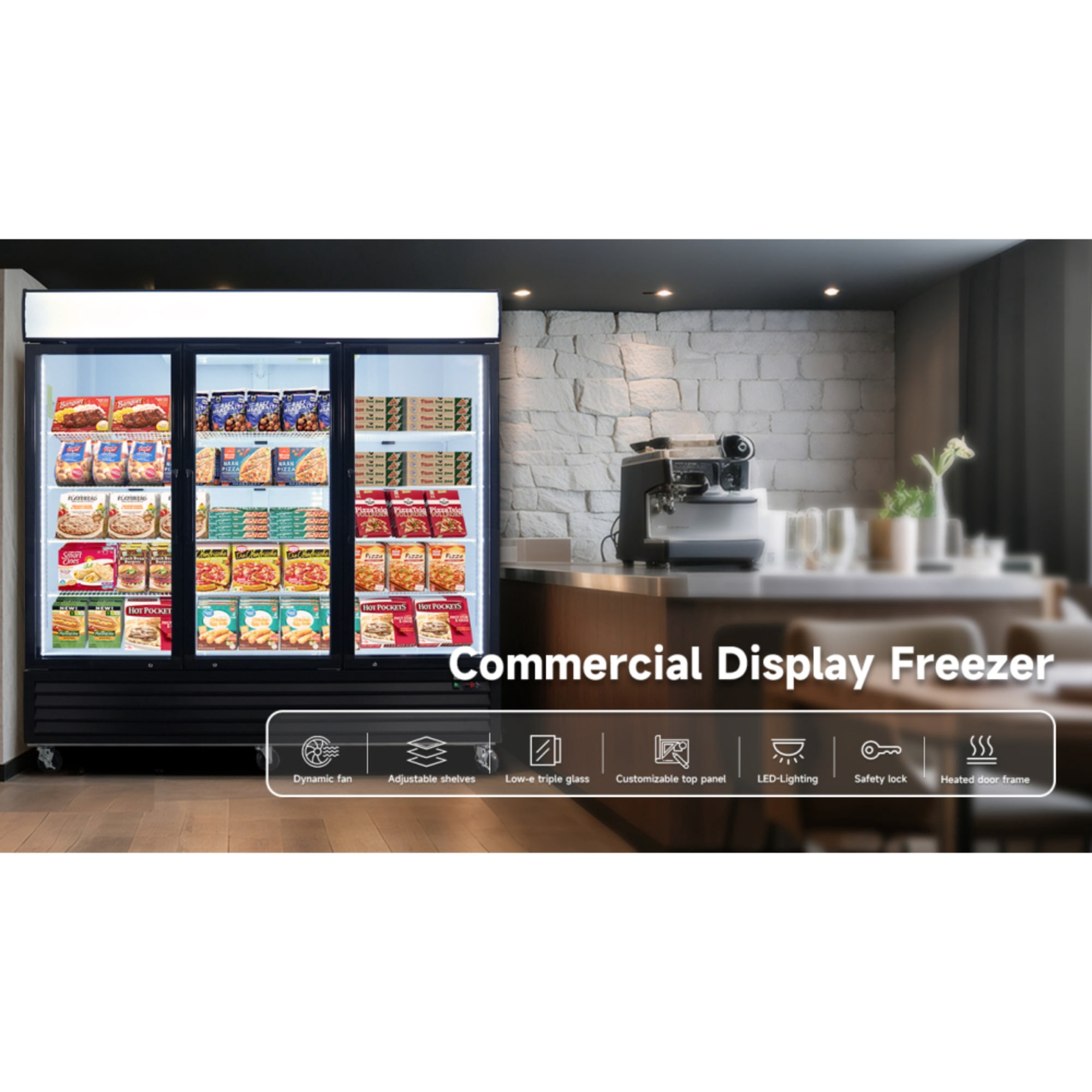Glass Door Merchandiser Freezer 70 Cu.ft Swing Door Commercial Reach-In Display Freezers with LED Top Panel Upright Freeze Storage