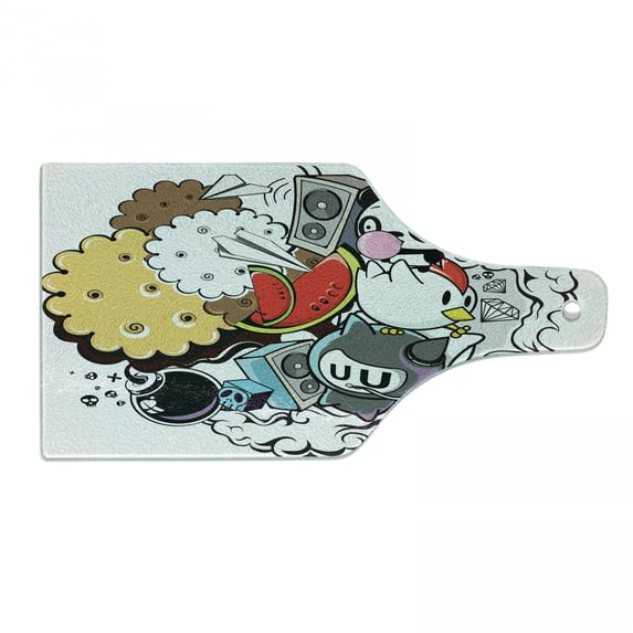 Indie Cutting Board, Animal and Food Themed Composition Crazy Doodle Panda Bird Cat Watermelon, Decorative Tempered Glass Cutting and Serving Board, Wine Bottle Shape, Multicolor, by Ambesonne