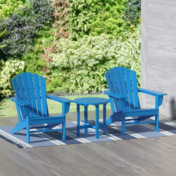 Garden 3-Piece Patio Adirondack Chair with Round Accent Side Table Set, Pacific Blue