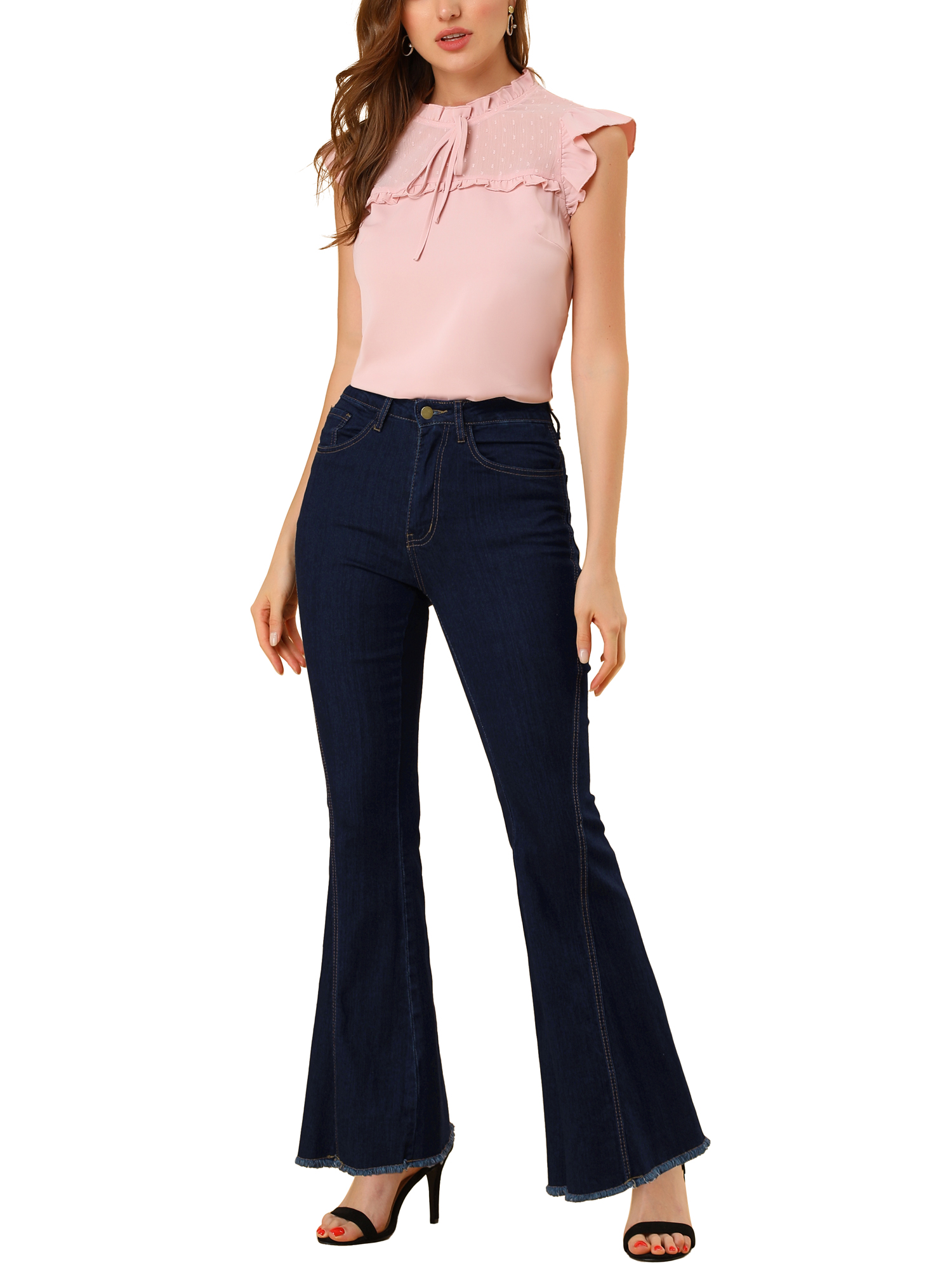 DARING DIVA Women's Flare Denim Pants High Waist Stretch Bell Bottoms Jeans S Black
