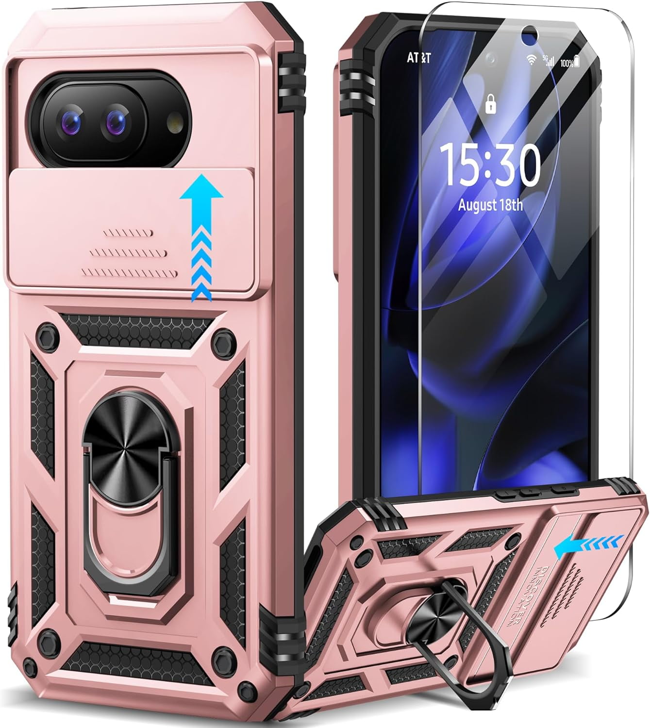 KOMI for Google Pixel 9a Case with Slide Camera Cover HD Screen Protector [Military Grade 16ft. Drop Tested] Magnetic Ring Holder Kickstand Protective Phone Case for Google Pixel 9a 2025 (6.3 inch)
