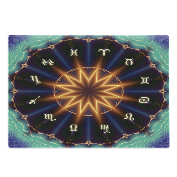 Astral Cutting Board, Horoscope Wheel with Sun Center and Zodiac Signs Mystic Illustration, Decorative Tempered Glass Cutting and Serving Board, in 3 Sizes, by Ambesonne