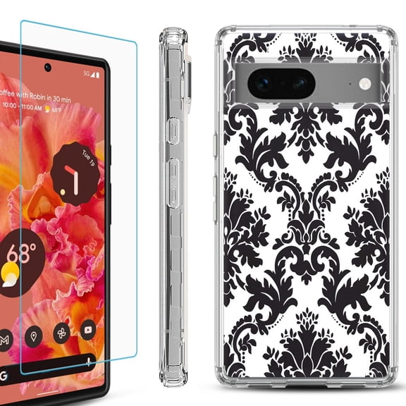 OneToughShield ® for Google Pixel 7a Shockproof Bumper Phone Case, with Tempered Glass Screen Protector - Victorian White/Black