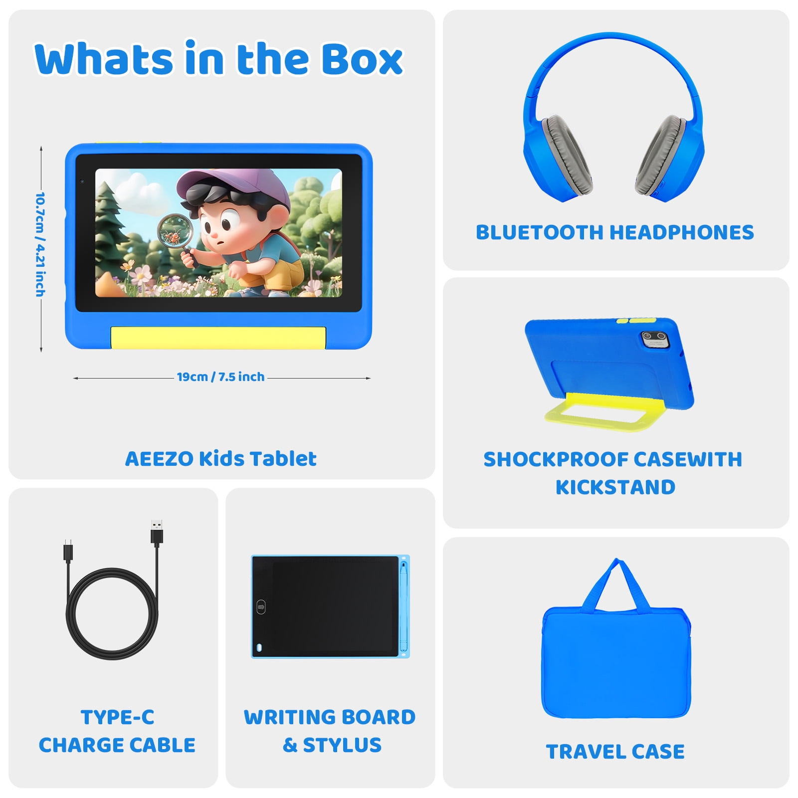 AEEZO 7 Inch Kids Tablet Bundle, 8GB RAM 64GB, Learning Tablet for Kids Ages 3-10 with Headphones Stylus Bag, Blue