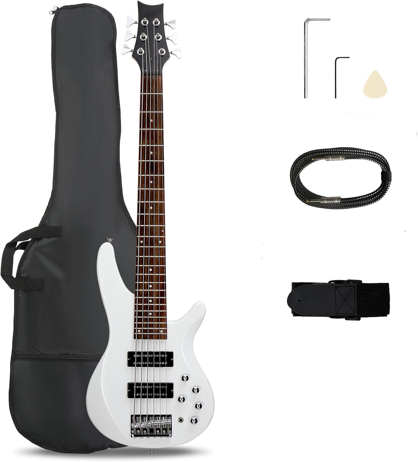 HarmonyStrings Bass Guitar 6 String Electric Bass Guitars, Beginner Bass Guitar with Professional H-H pickup, 3 Way Pickup Selector, Premium Cable, Unique Body Design for Beginner Black Upgraded