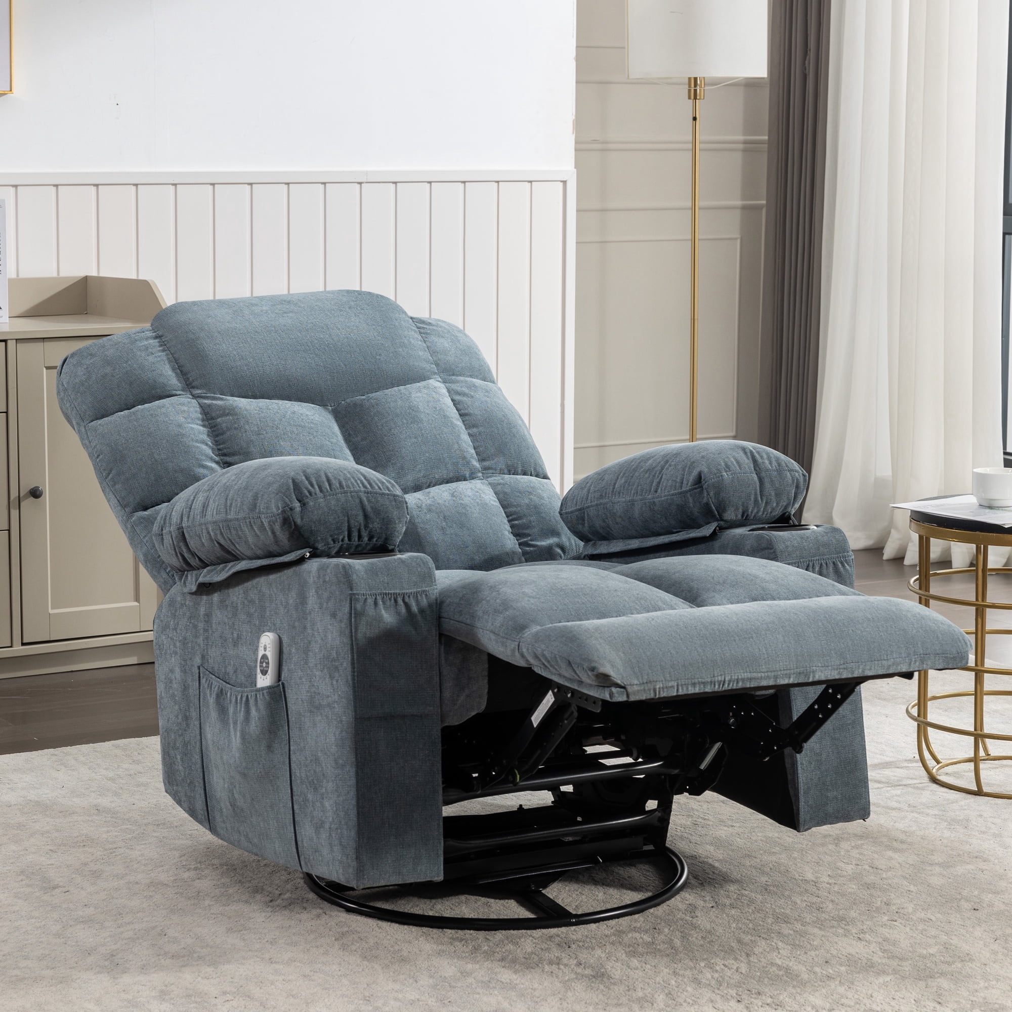 Swivel Rocker Chair, LEGAHOME Manual Glider Rocking Chair for Nursery with Massage and Heat, 22.8in Glider Massage Recliner Chairs for Adults, with Cup Holder and Side Pocket, Blue