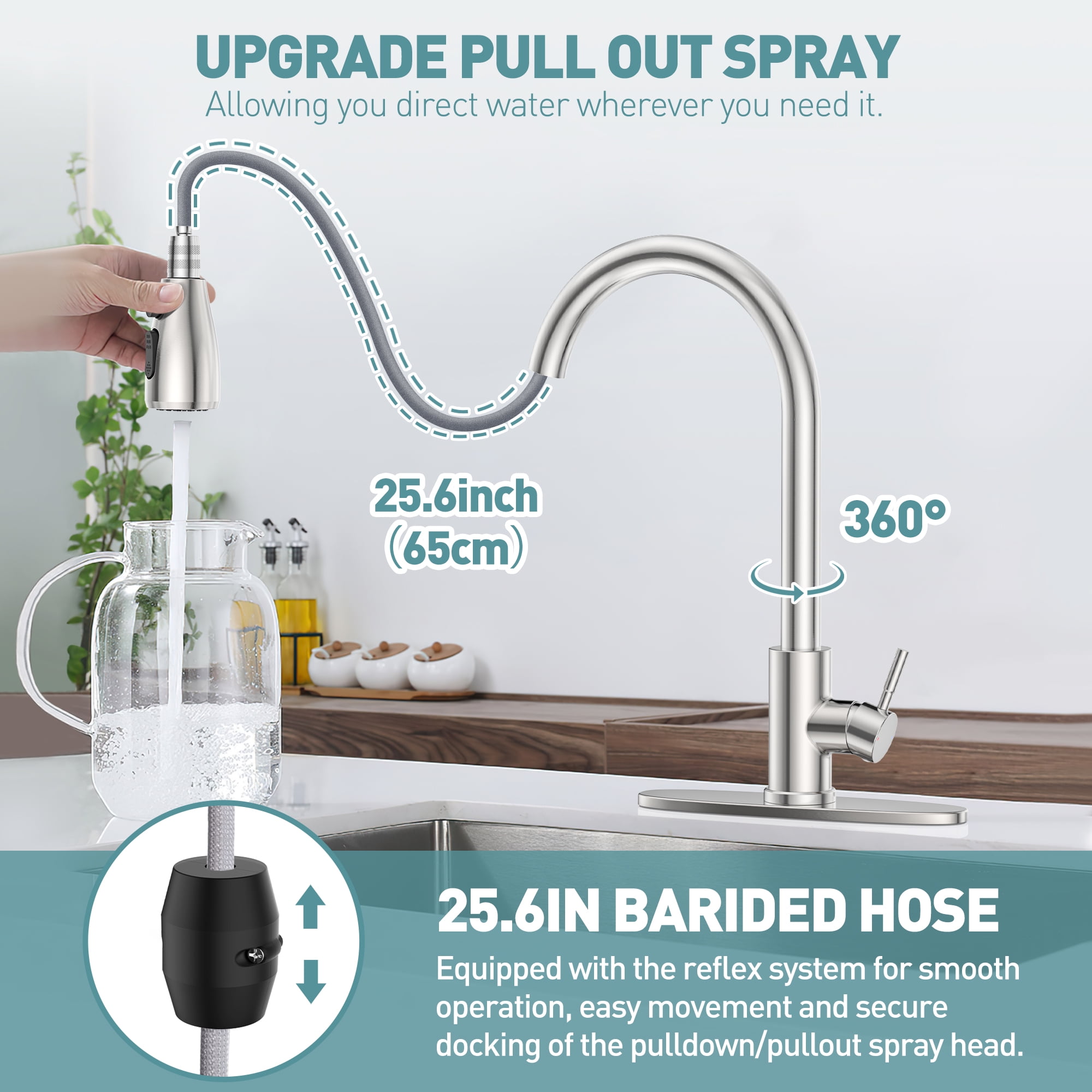 Kitchen Faucet with Soap Dispenser, 3-Mode Kitchen Sink Faucet with Pull Down Sprayer, SUS304 Stainless Steel, High Arc Single Handle  Faucet w/ Deck Plate &Water Lines for RV Laundry,Brushed Nickel
