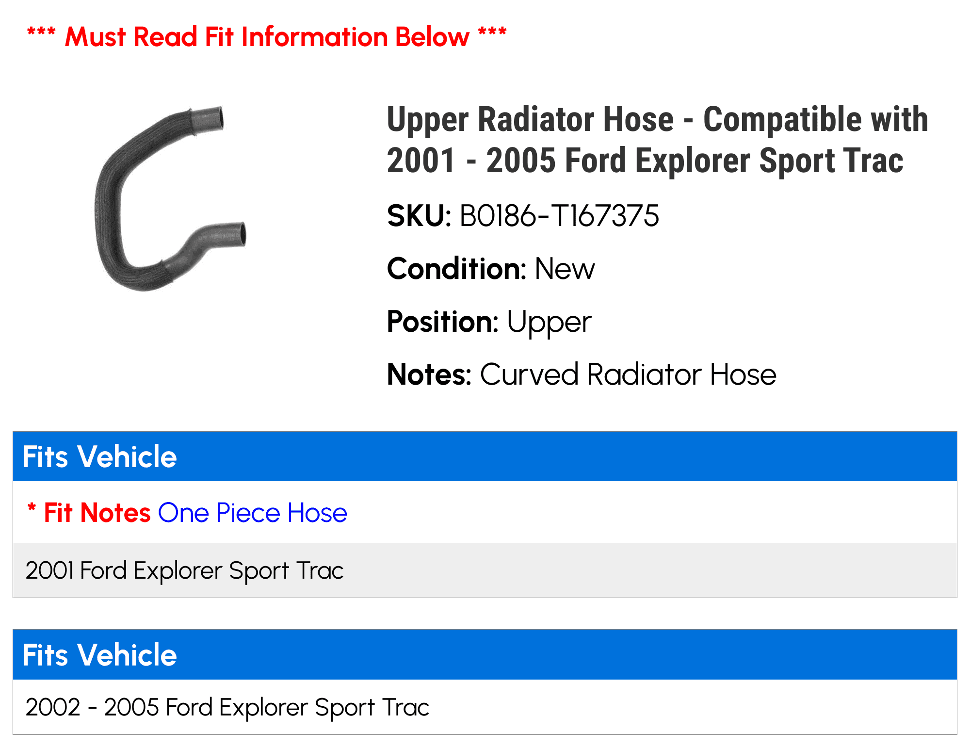 Upper Radiator Hose - Compatible with 2001 - 2005 Ford Explorer Sport Trac 2002 2003 2004