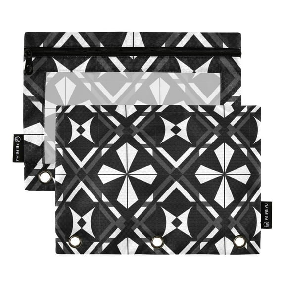 Black White Geometric Shapes 2 Pack Pencil Pouch for 3 Ring Binder Smooth Zipper Folders with Pockets Clear Window Pencil Case