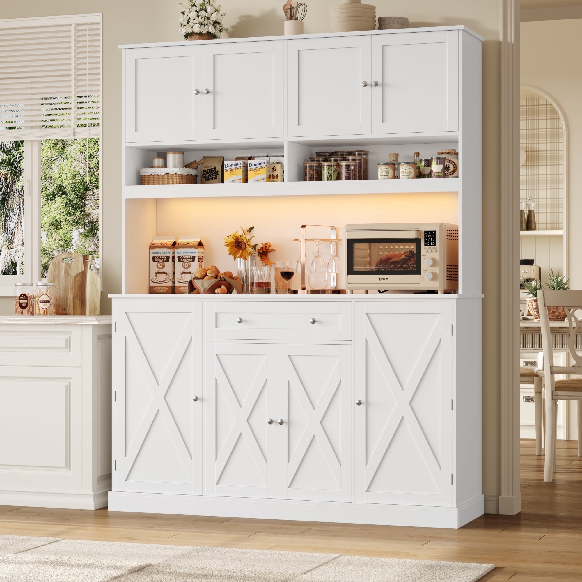 Homfa 72.8'' Tall Kitchen Pantry Cabinet with LED Lights & Charging Station, 8 Doors Storage Cabinet with Drawers & Shelves & Countertop, Kitchen Hutch with Adjustable Shelves for Dining Room, White