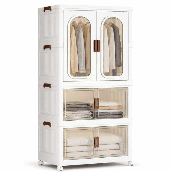 Stackable Storage Bins with Lids, 3 Tier Collapsible Plastic Plastic Cabinet with Wheels, Closet Organizer for Clothes, Space-saving, White