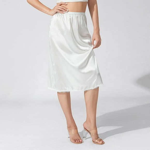 xiaxaixu Jupons Mi-Longs pour Femmes, Taille Élastique, Jupon en Satin Uni avec Bordure en Dentelle pour Porter sous les Robes