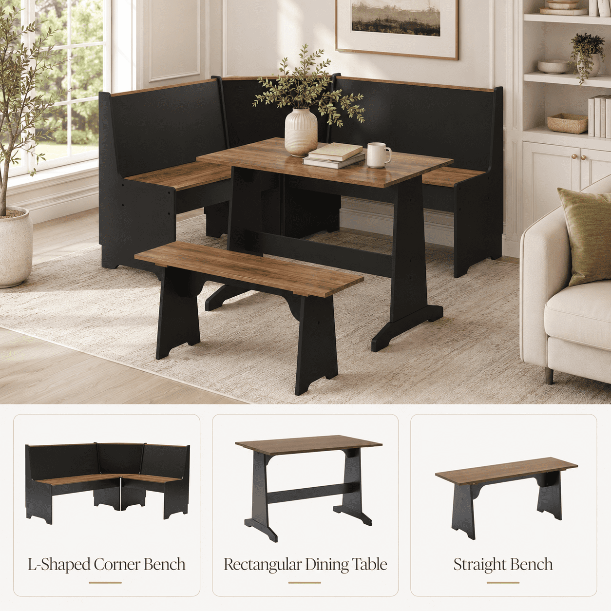 Merluxy Breakfast Nook Corner Dining Table Set with Hidden Storage, L-Shaped Black Kitchen Chairs for Small Spaces, Oak