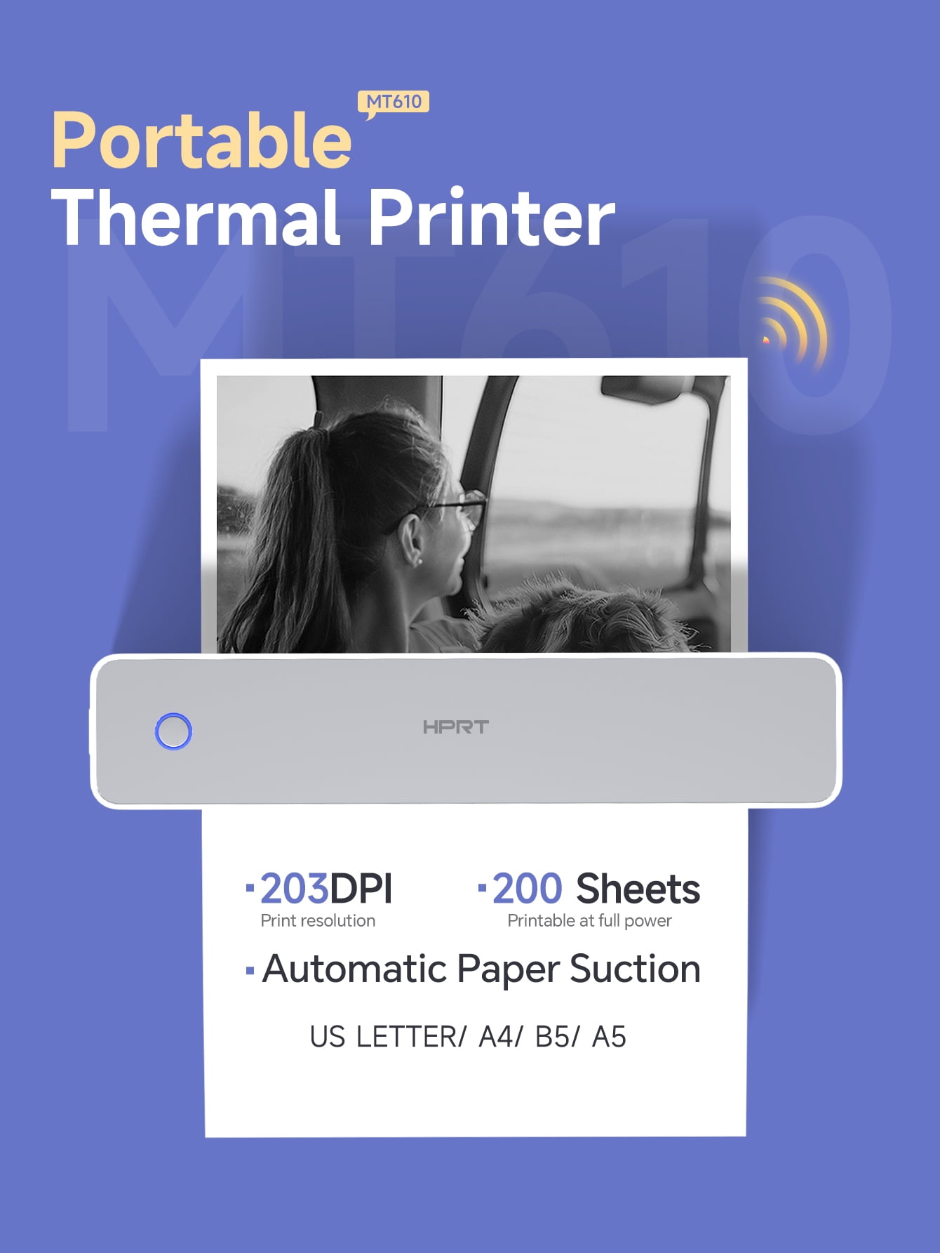 HPRT 610Pro Portable Thermal Printer - 300DPI Wireless Bluetooth Inkless Printer for Travel, Office, and Home, Supports US Letter & A4