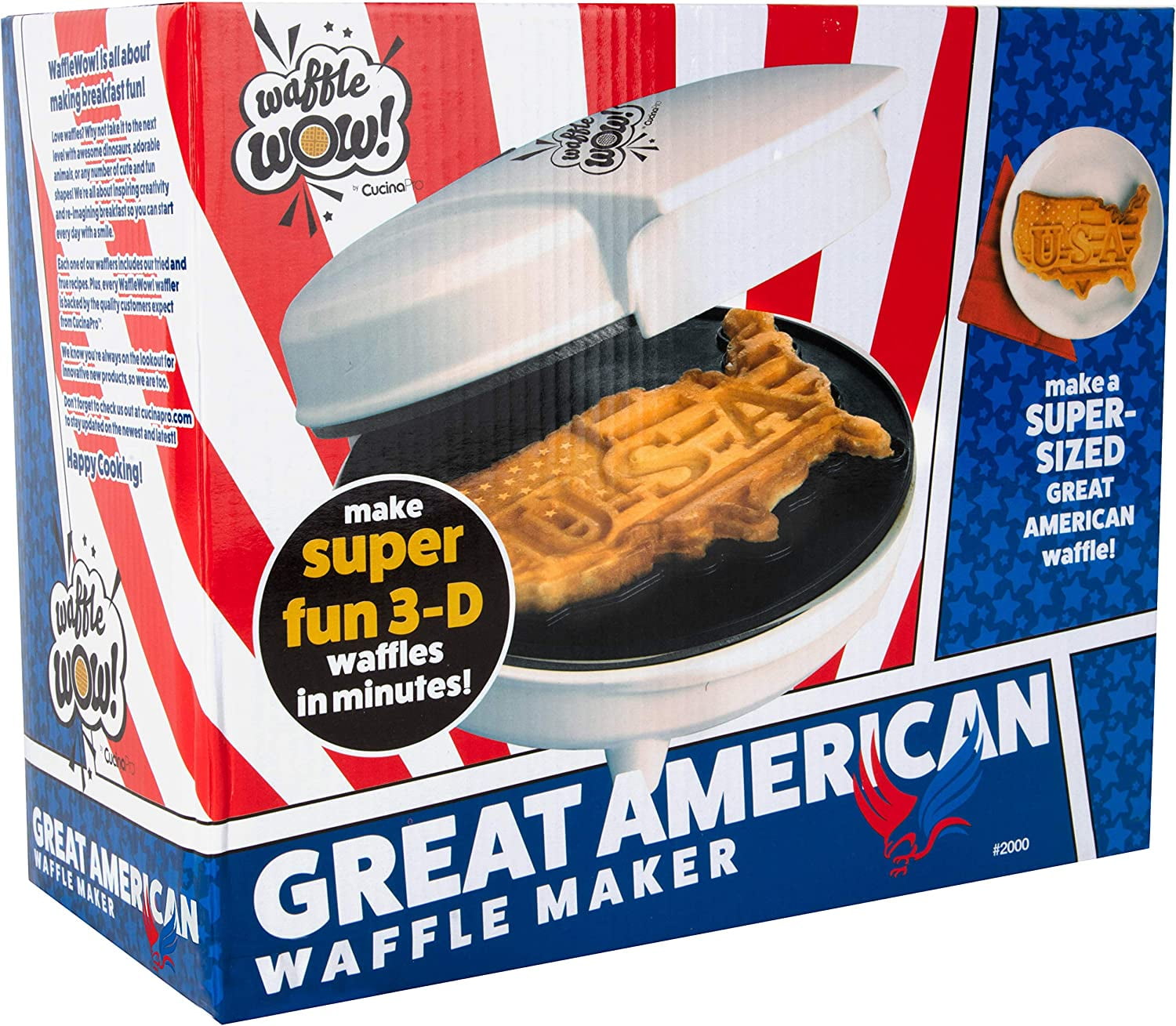 America's 250th Birthday USA Waffle Maker- 4th of July Must Have- Giant 7.5" Patriotic Waffles Pancakes- Electric Nonstick Waffler Iron- Spirit Party Summer Breakfast Baker w Recipes-Dad Novelty Gift