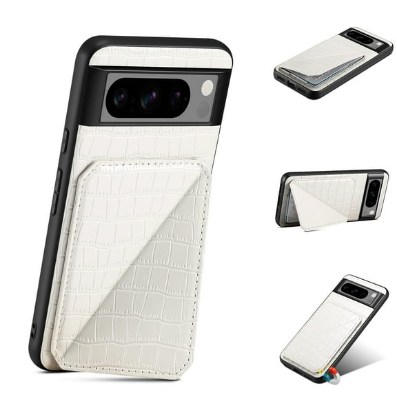 Feishell Back Wallet Case for Google Pixel 8a, Crocodile Grain PU Leather Hidden Magnetic Credit Card Slot Holder [Horizontal & Vertical Kickstand] Shockproof Classic Phone Case ,White