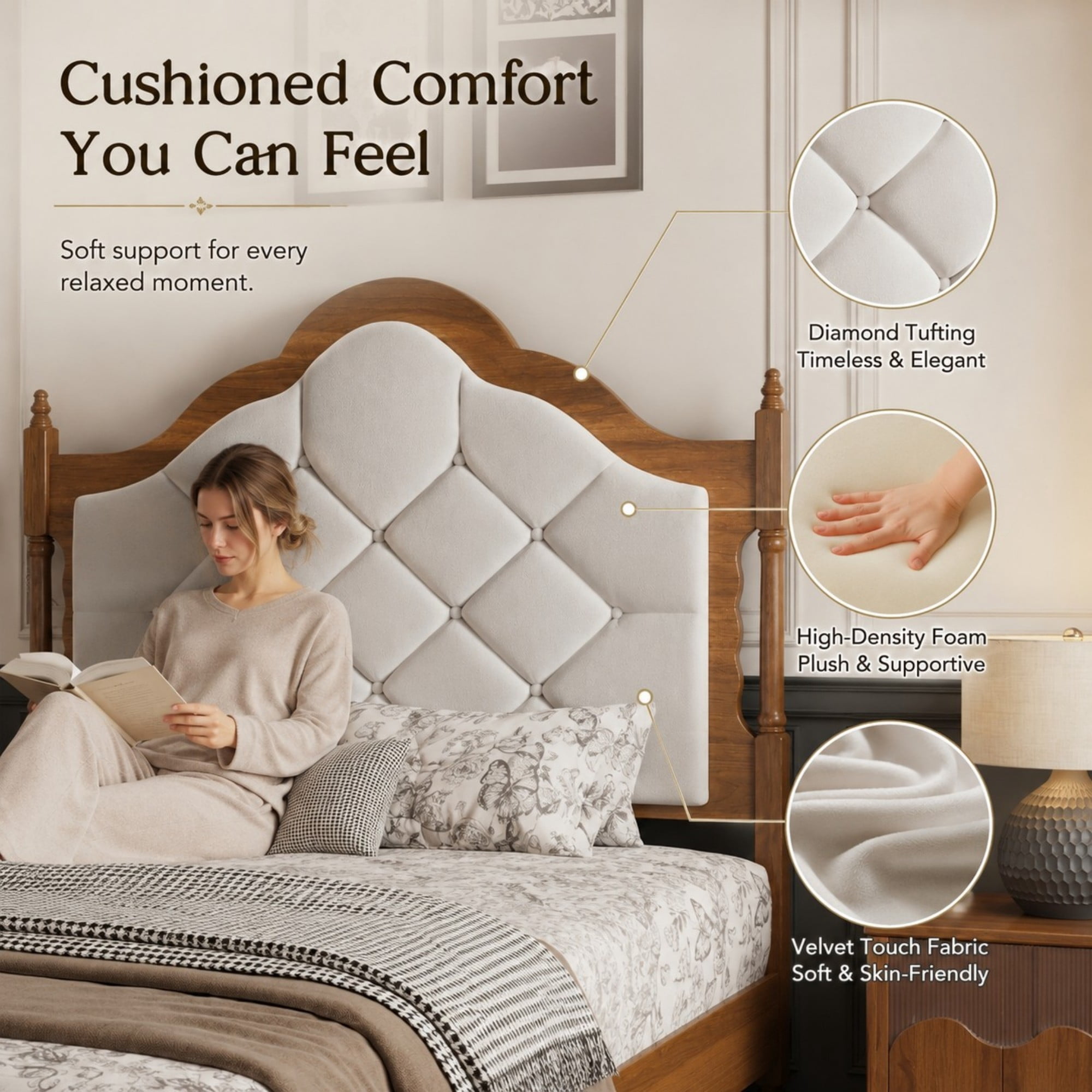 DEALTOPS Full Size Platform Bed Frame with Velvet Upholstered Headboard, Wood Farmhouse Bed, No Box Spring, Brown