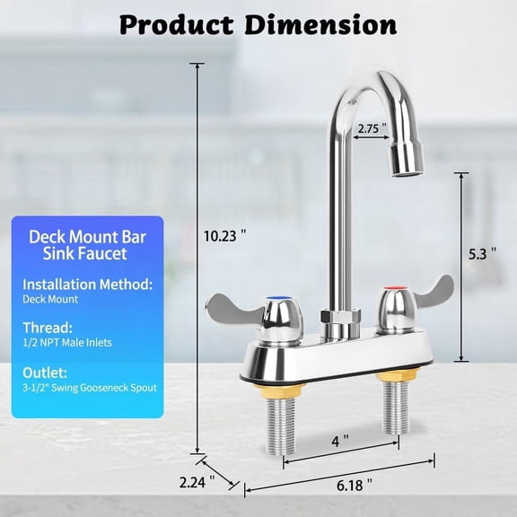 4 Inch Center Commercial Bar Sink Faucet with 3-1/2" Gooseneck Spout, Dual Lever Handles Deck Mount Bar Sink Faucet for Kitchen Laundry Restaurant, Brass Constructed