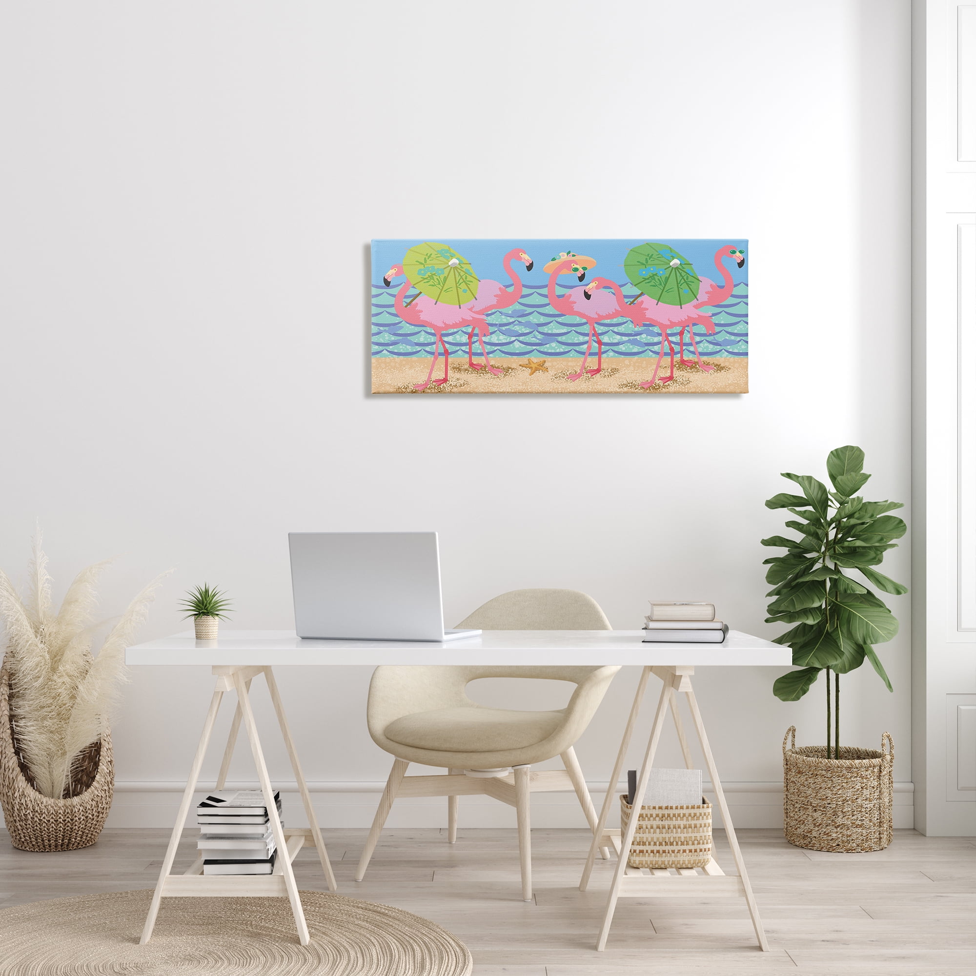 Stupell Industries Pink Flamingos with Floral Umbrellas Beach Waves Global Painting Gallery-Wrapped Canvas Print Wall Art, 17 x 40, Design by Sally Springer Griffith