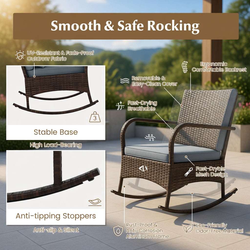 Hommoo 3-Piece Outdoor Rocking Chair Set with Tempered Glass Coffee Table, PE Rattan Patio Furniture for Backyard, Poolside & Porch, Gray