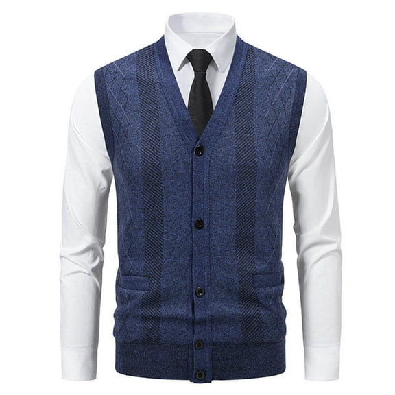 Dolkfu Argyle Print Sweaters for Man Button Down V-Neck Blue Sweater Cardigan Sleeveless Fleece Lined Vests Mens L