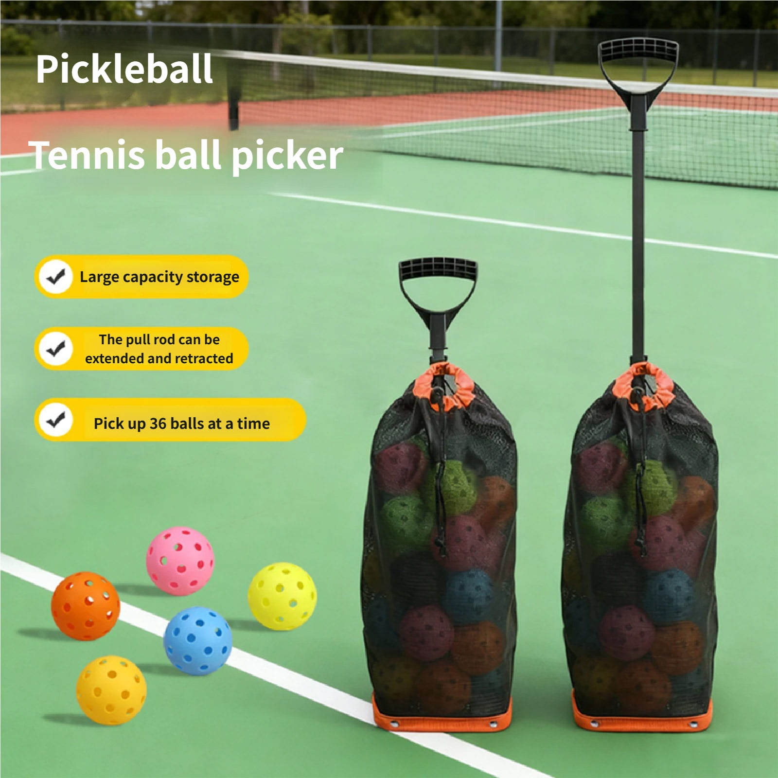 Time Saving Collector 50% Faster Pickup Increases Practice Time by 20% for Pickleballs and Tennis Efficiency