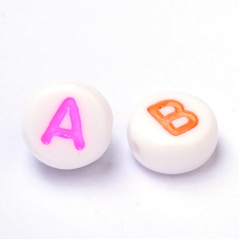 Initial Acrylic Horizontal Hole Beads Mixed Letters Flat Round White 7x4mm Hole: 1.3mm 3500pcs/Bag