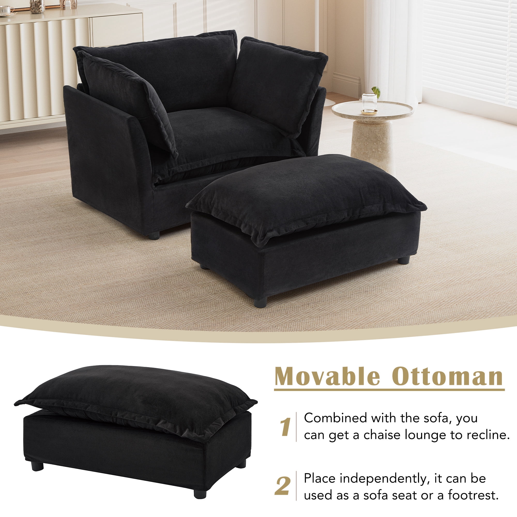 Euroco Modern Chenille Lounge Chair with Movable Ottoman, Curved Armrests & Wide Seat – Upholstered Single Sofa Set for Living Room, Bedroom, or Reading Nook