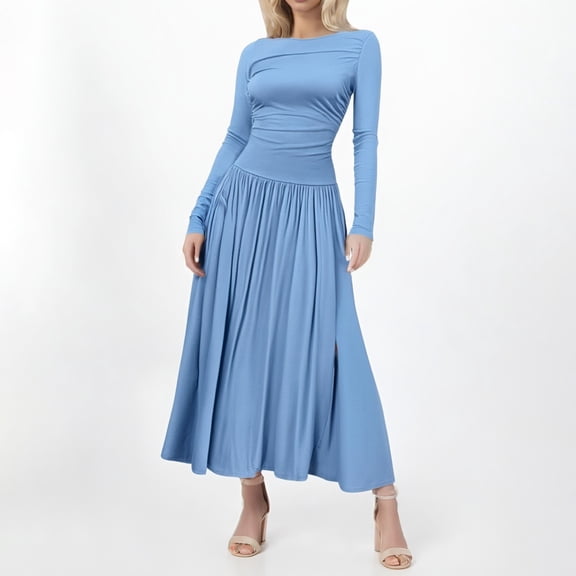 Women's Long Sleeve Spring Maxi Dress 2025 Crewneck Knit Casual Slim Swing Pleated Dresses With Pockets Ladies T Shirt Dresses Casual Pocket Dress Summer Tunics Tunic Dresses for Summer V Neck Summer