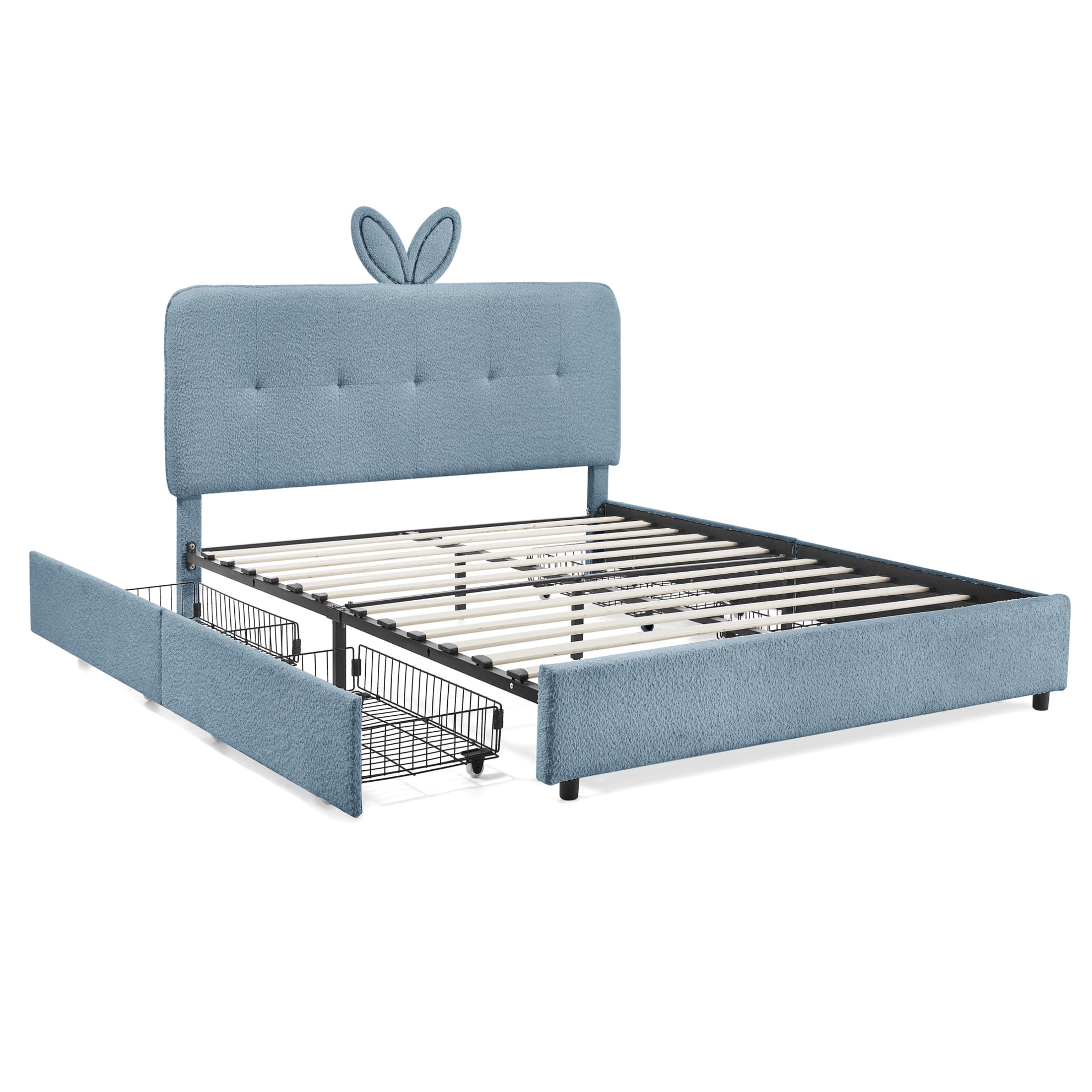 Noble House Bertis Queen Size Boucle Kids Bed, Rabbit Ear Headboard Bed Frame with LED Light and Storage Drawers, Navy